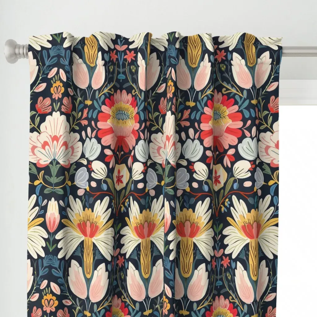 Large Scale Folk Floral Curtain Panel - Red alternate view