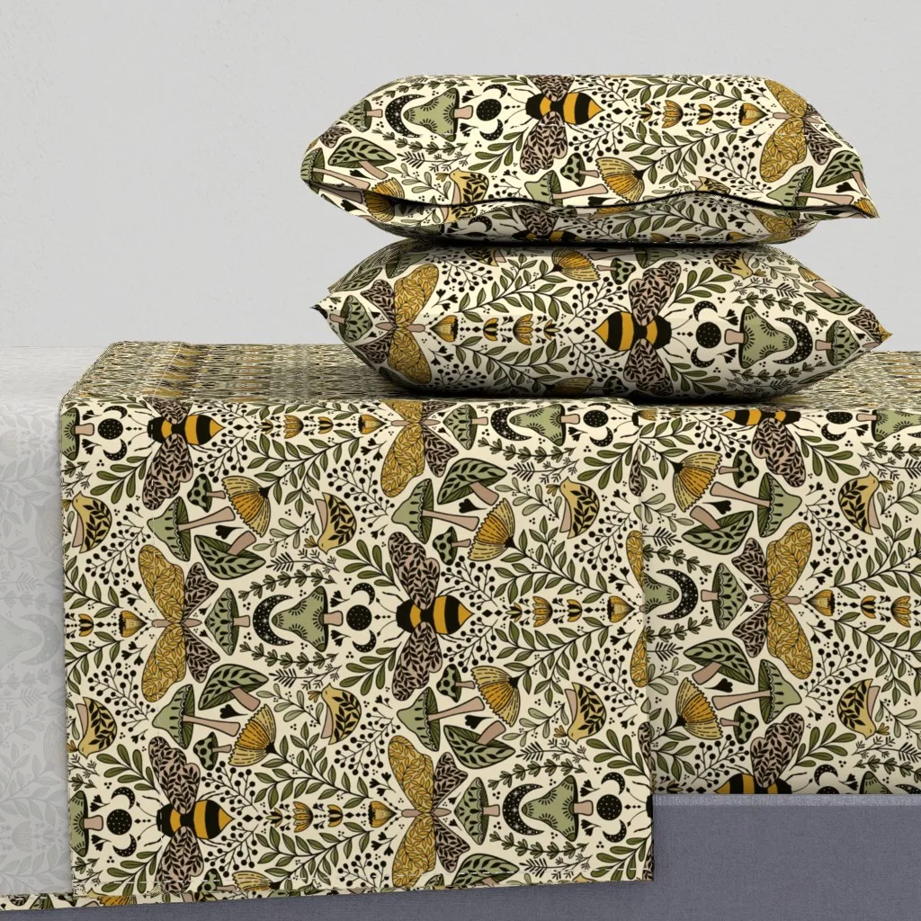 Large Scale Natural Habitat Bees Moths Wild Grass King Sheet Set - Mustard Yellow product