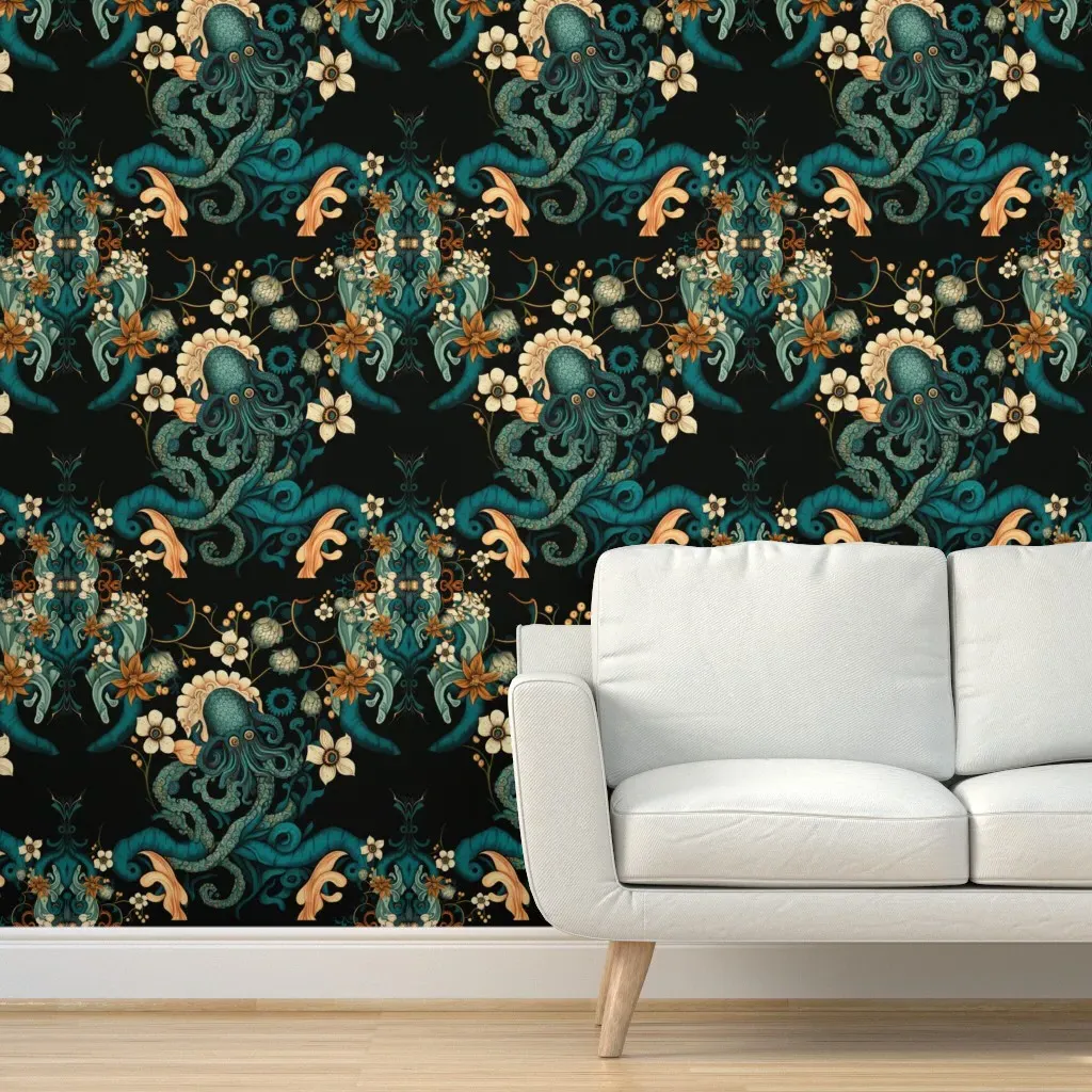 Large Scale Octopus Chinoiserie Peel and Stick Wallpaper - Teal product