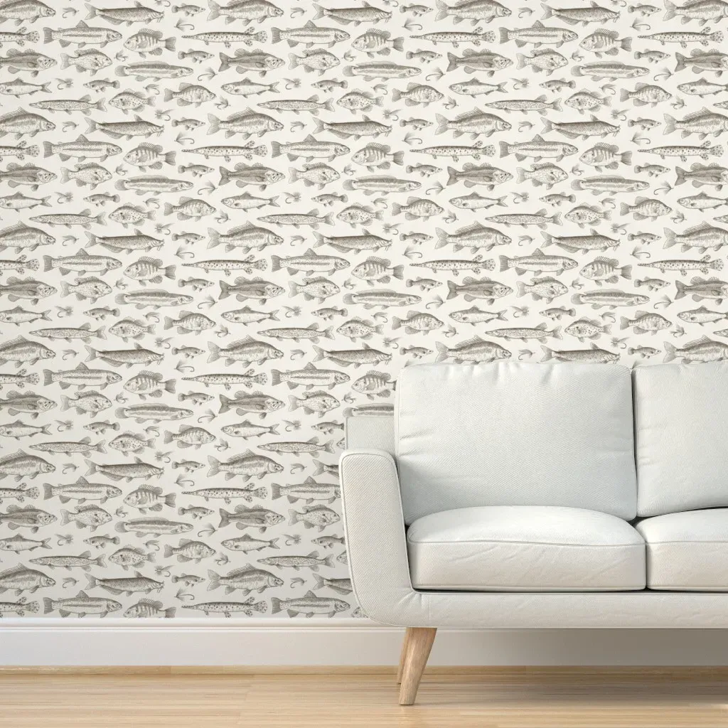 Large Scale Peel and Stick Wallpaper - Beige, Freshwater Fish Toile product