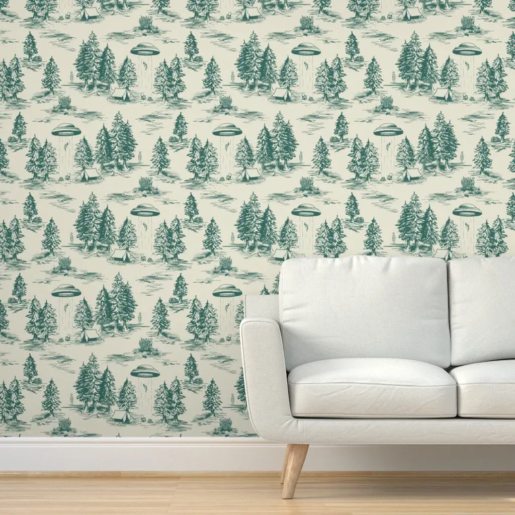 Large-Scale Teal Alien Abduction Toile De Jouy Peel and Stick Wallpaper - Teal product
