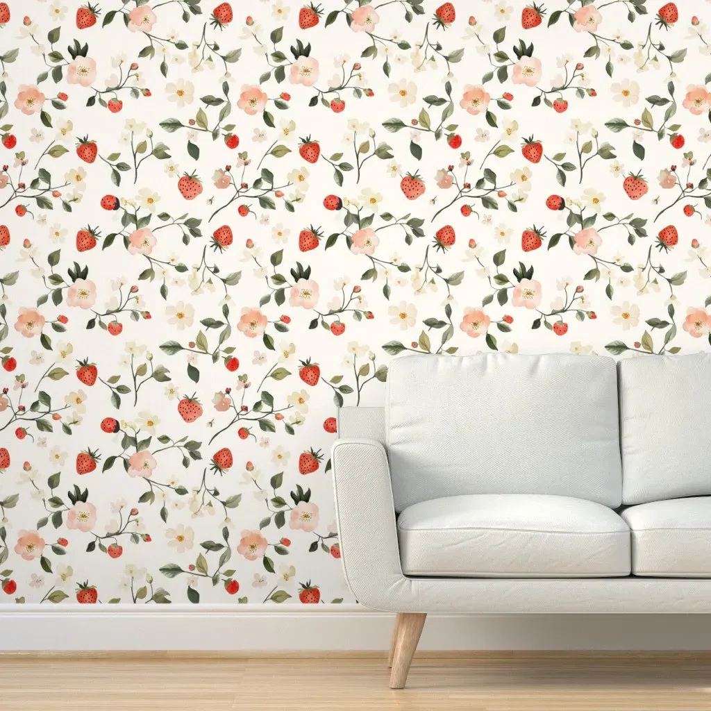 Large Scale Watercolour Strawberries Peel and Stick Wallpaper - Red product