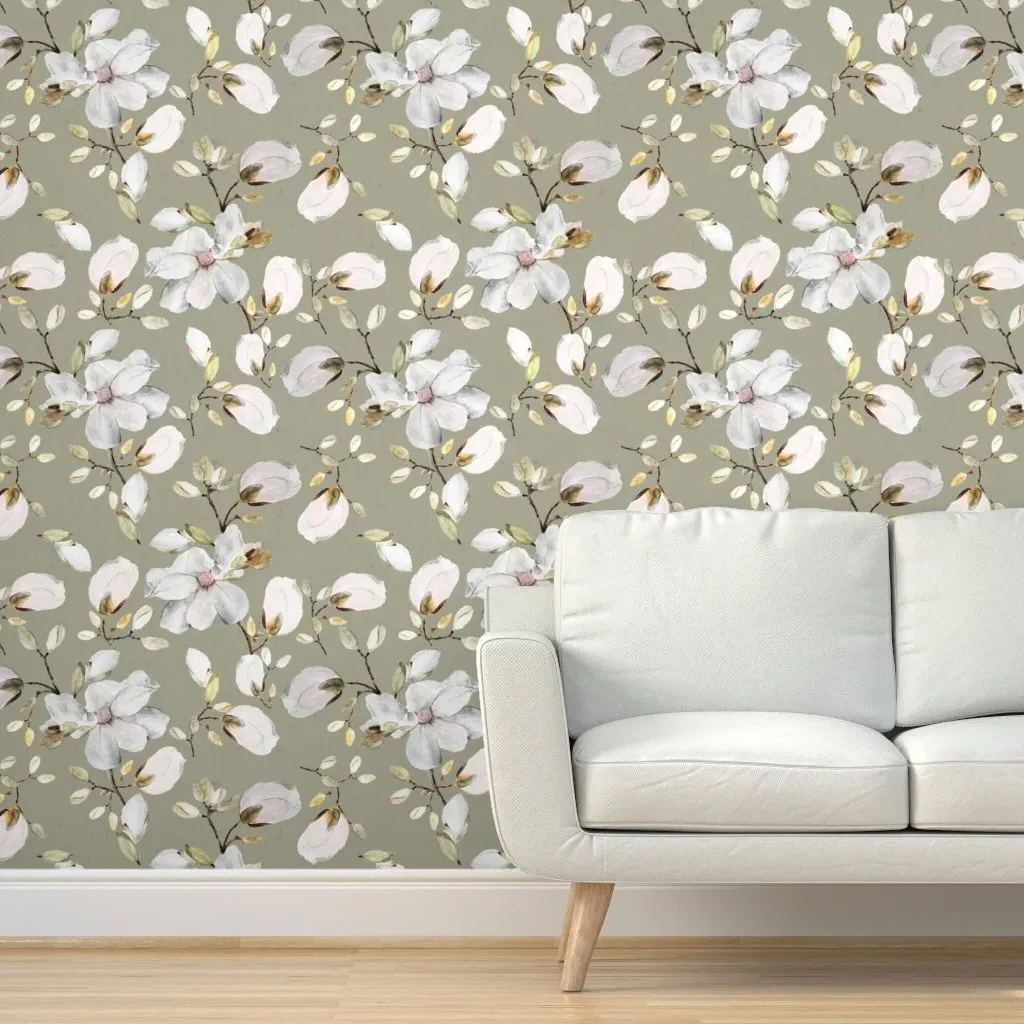 Large White Flowers on Green Watercolor Peel and Stick Wallpaper - White, Green product