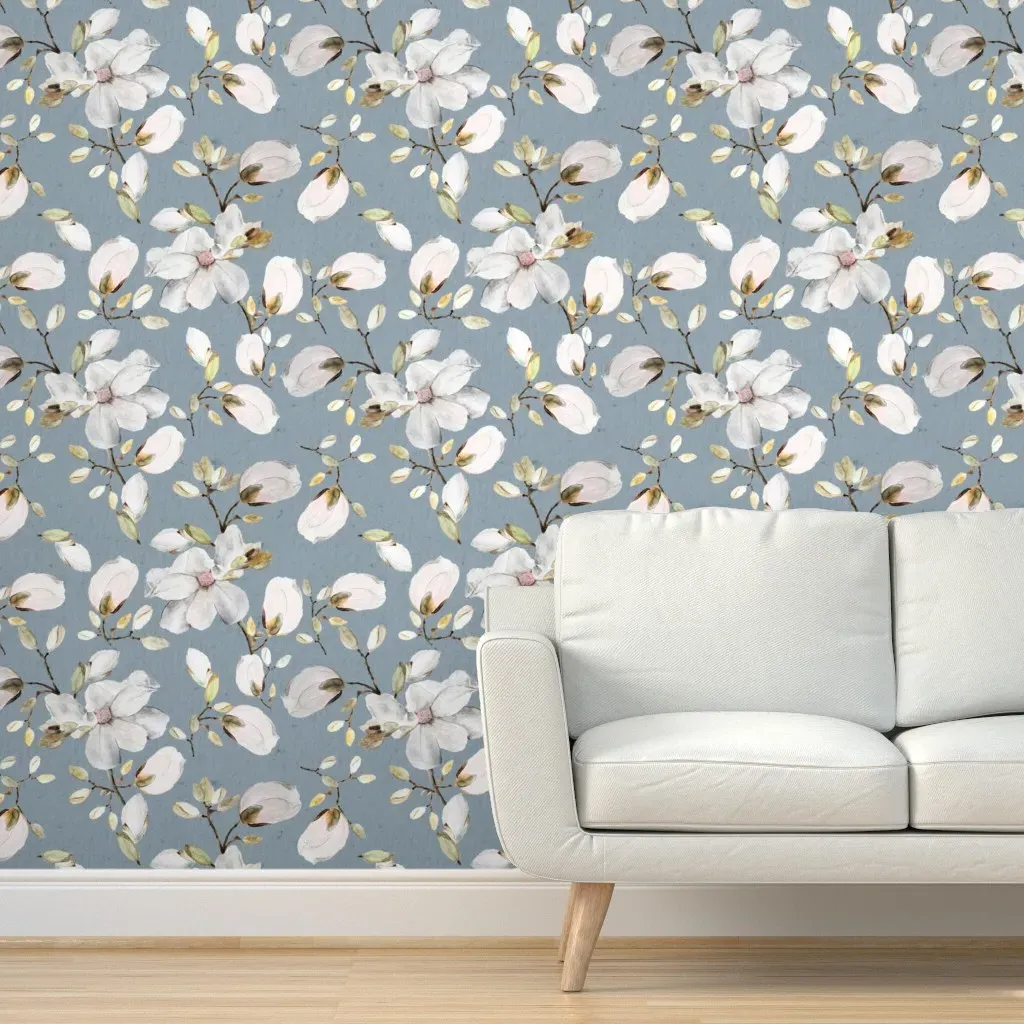 Large White Flowers Peel and Stick Wallpaper - Blue, Fabric product
