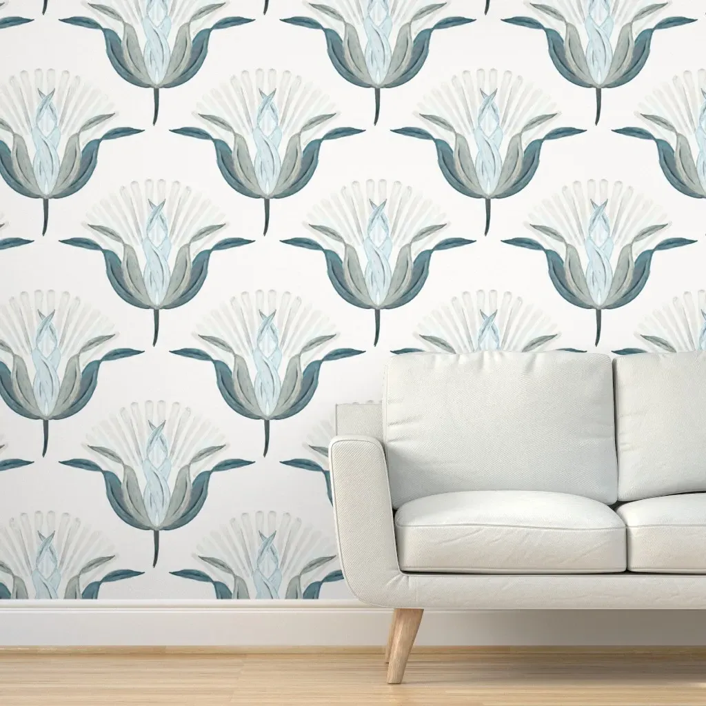 Large White Lotus Flower Peel and Stick Wallpaper - Teal product