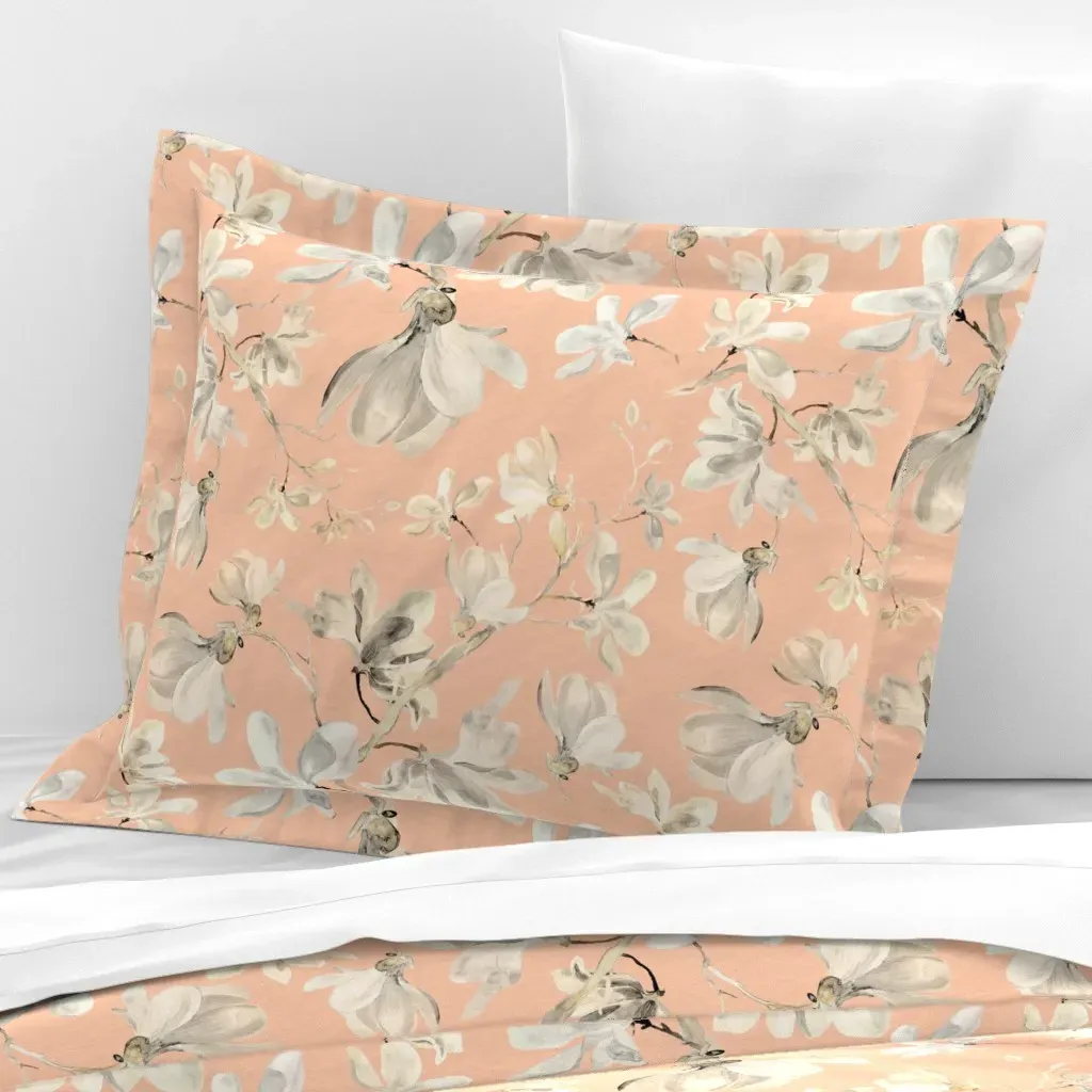 Large White Magnolias Watercolor Standard Flanged Pillow Sham - Light Peach, Cotton Sateen product