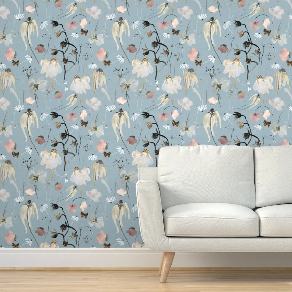 Large Wildflowers Peel and Stick Wallpaper - Dusty Blue, Fabric product