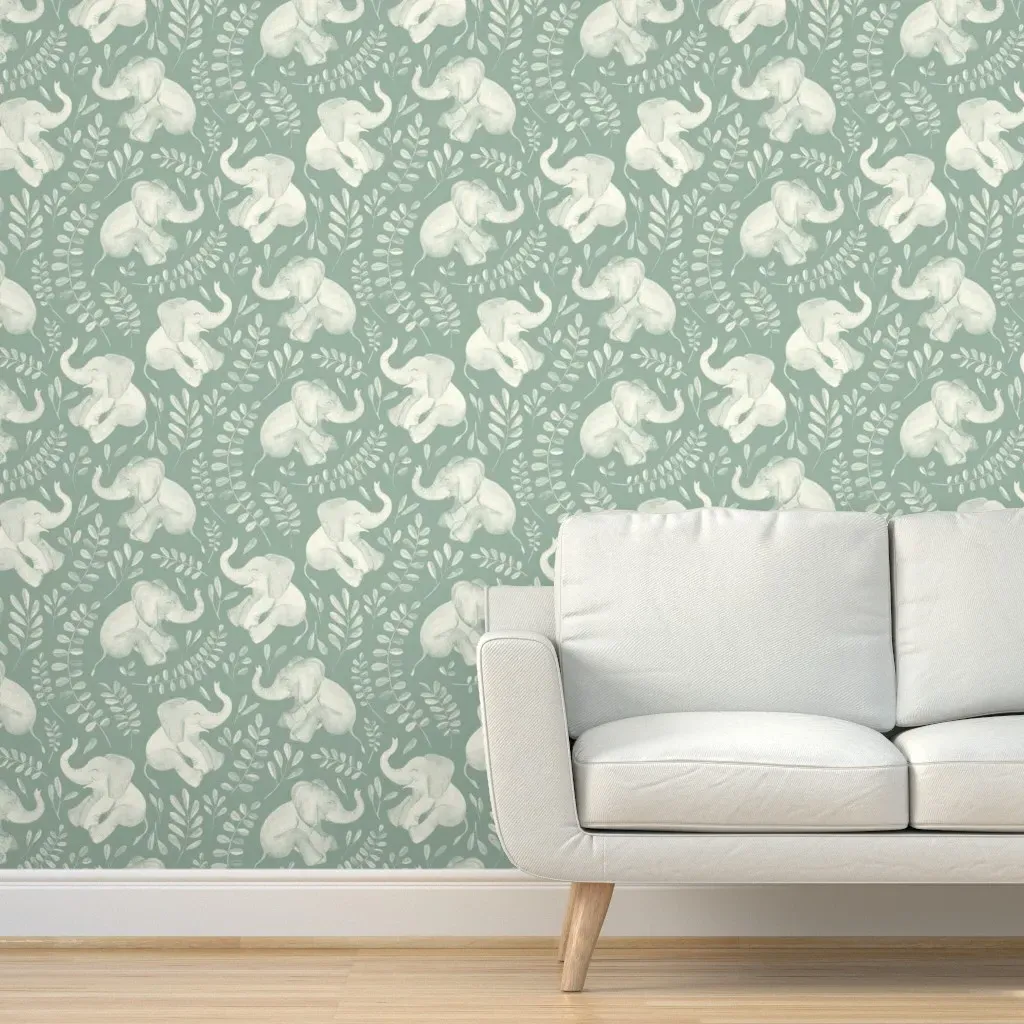 Laughing Baby Elephants Peel and Stick Wallpaper - Sage Green, Cream product
