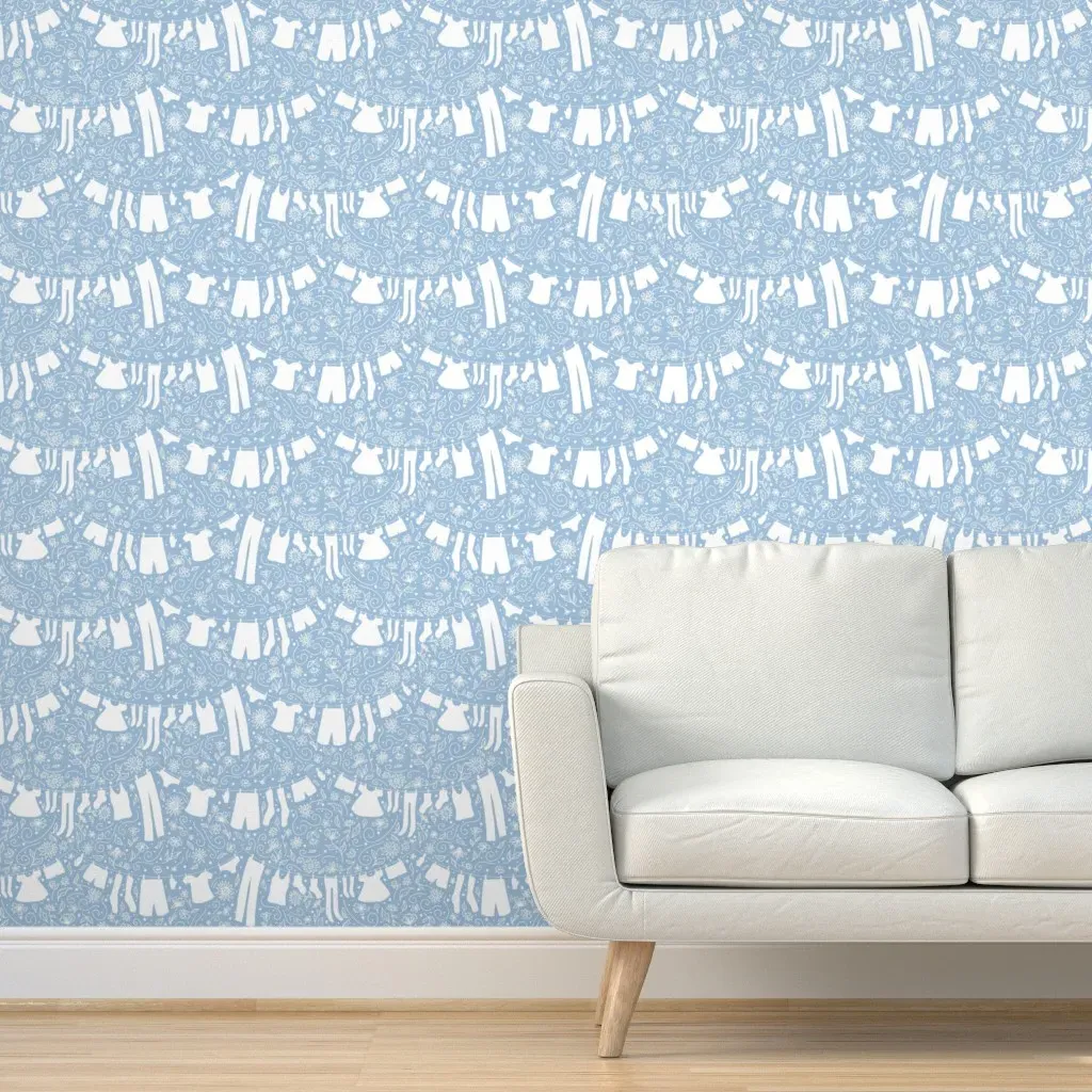 Laundry Day Line Drying Peel and Stick Wallpaper - Cornflower Blue product