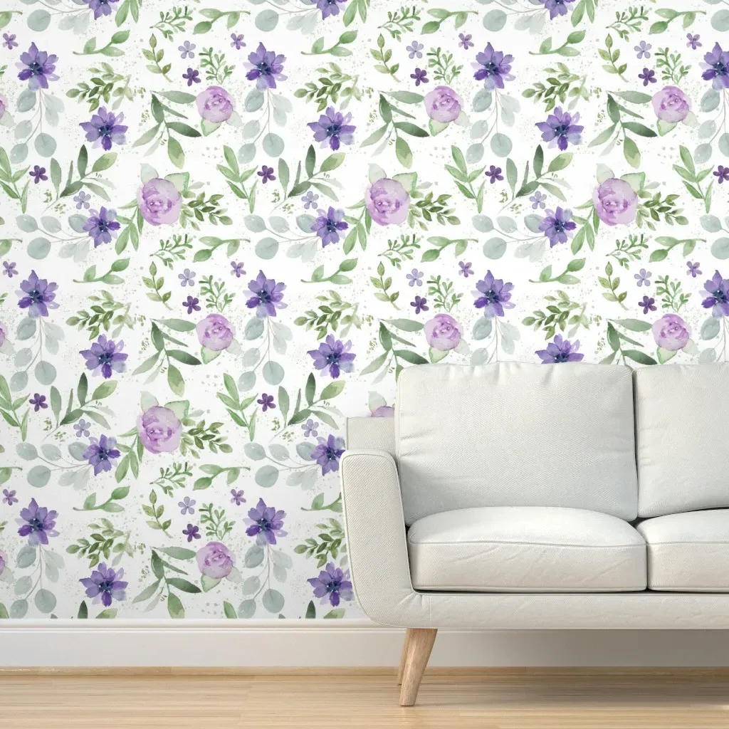 Lavender and Purple Watercolor Florals Peel and Stick Wallpaper product