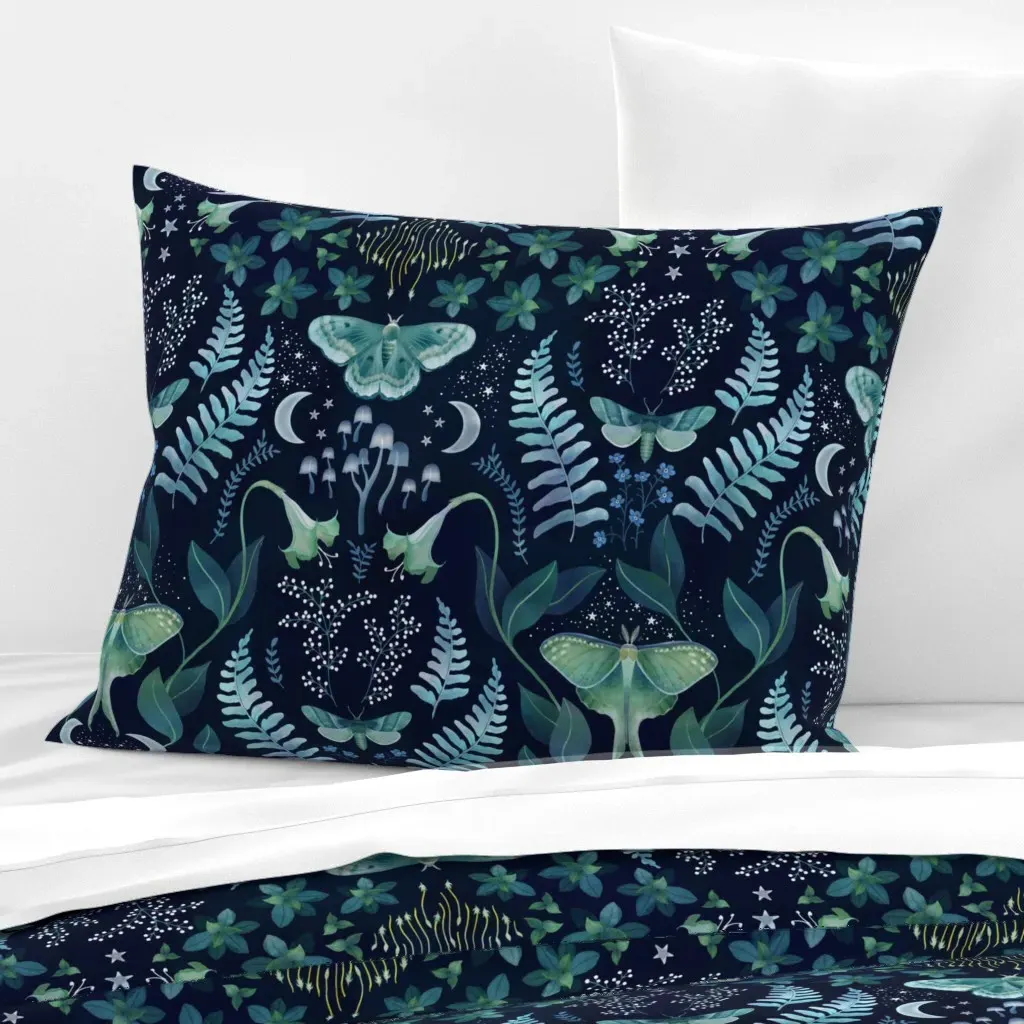 Leafy Evening Moth Garden Damask Standard Pillow - Teal, Cotton Sateen product