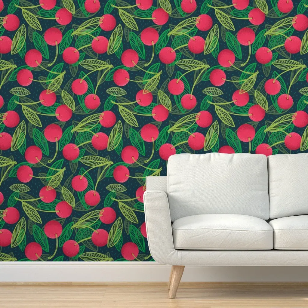 Leafy Red Cherries Peel and Stick Wallpaper - Red product