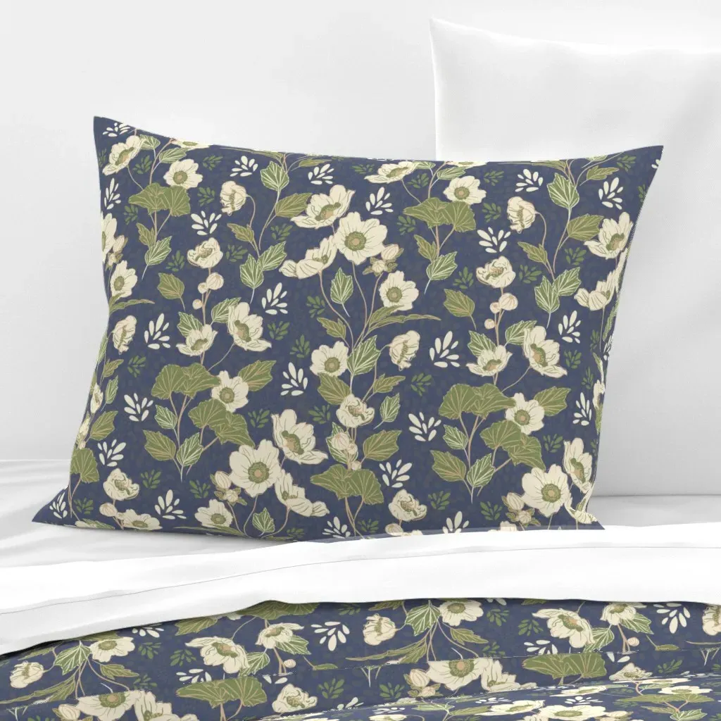 Leah Floral Japanese Anemone Standard Pillow - Navy Blue, Cotton Sateen product