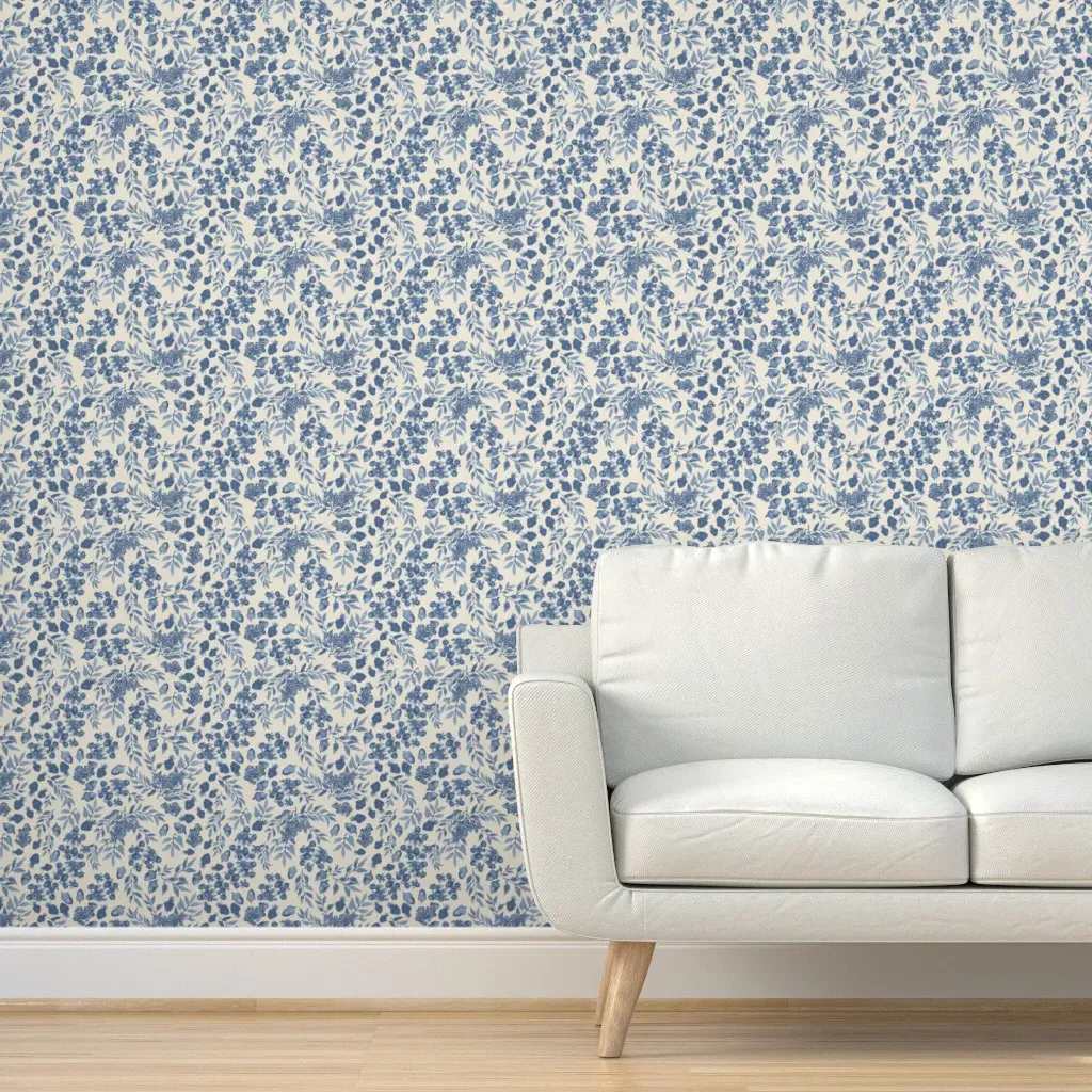 Leaves Acorns Berries Foliage Peel and Stick Wallpaper - Blue, Cream product