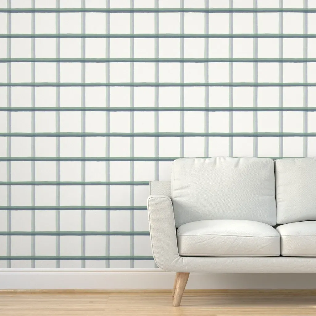 Lehigh Green And Indigo Vintage Window Pane Plaid Wallpaper - Off-White product