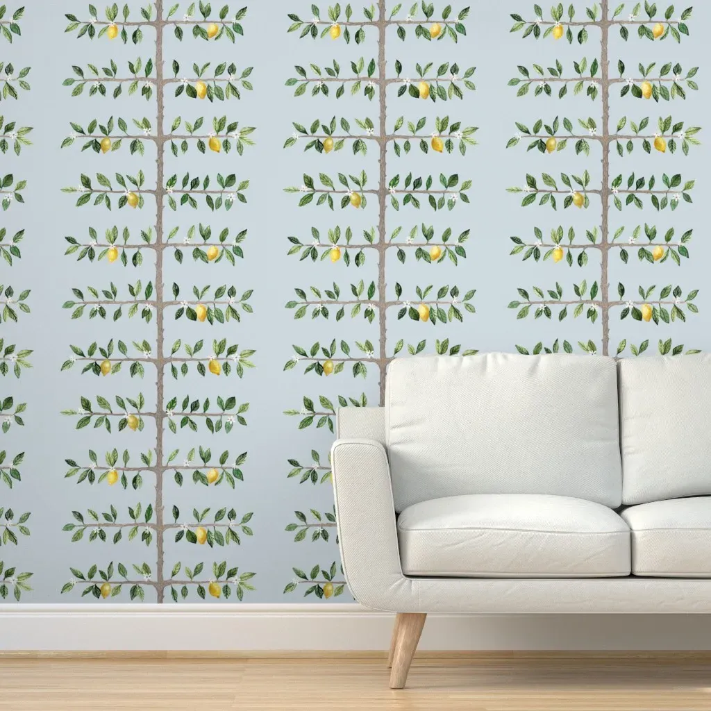 Lemon Espalier Branch Peel and Stick Wallpaper - Soft Blue, Yellow product