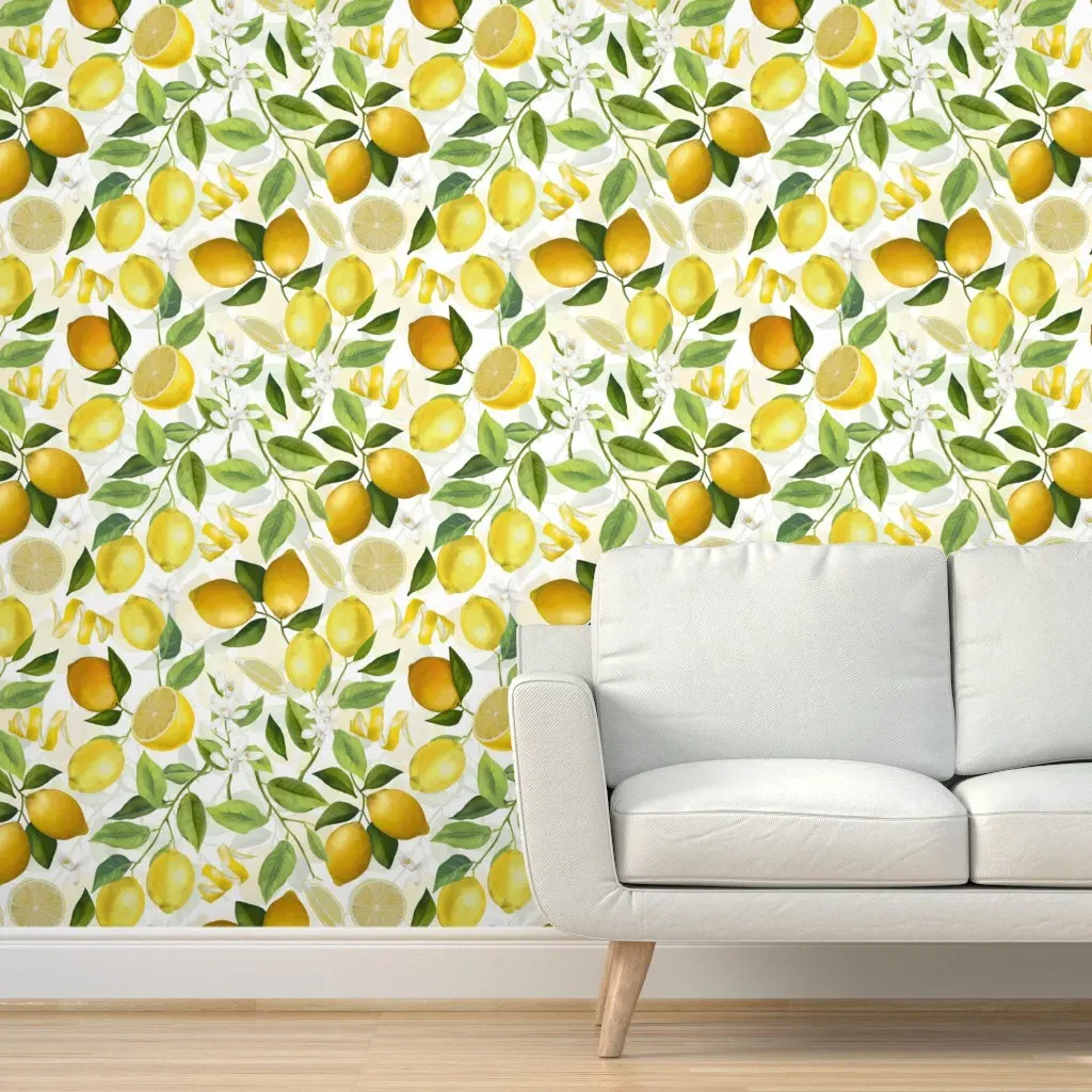 Lemonade Summer Mediterranean Lemons Peel and Stick Wallpaper - Yellow, Fabric product