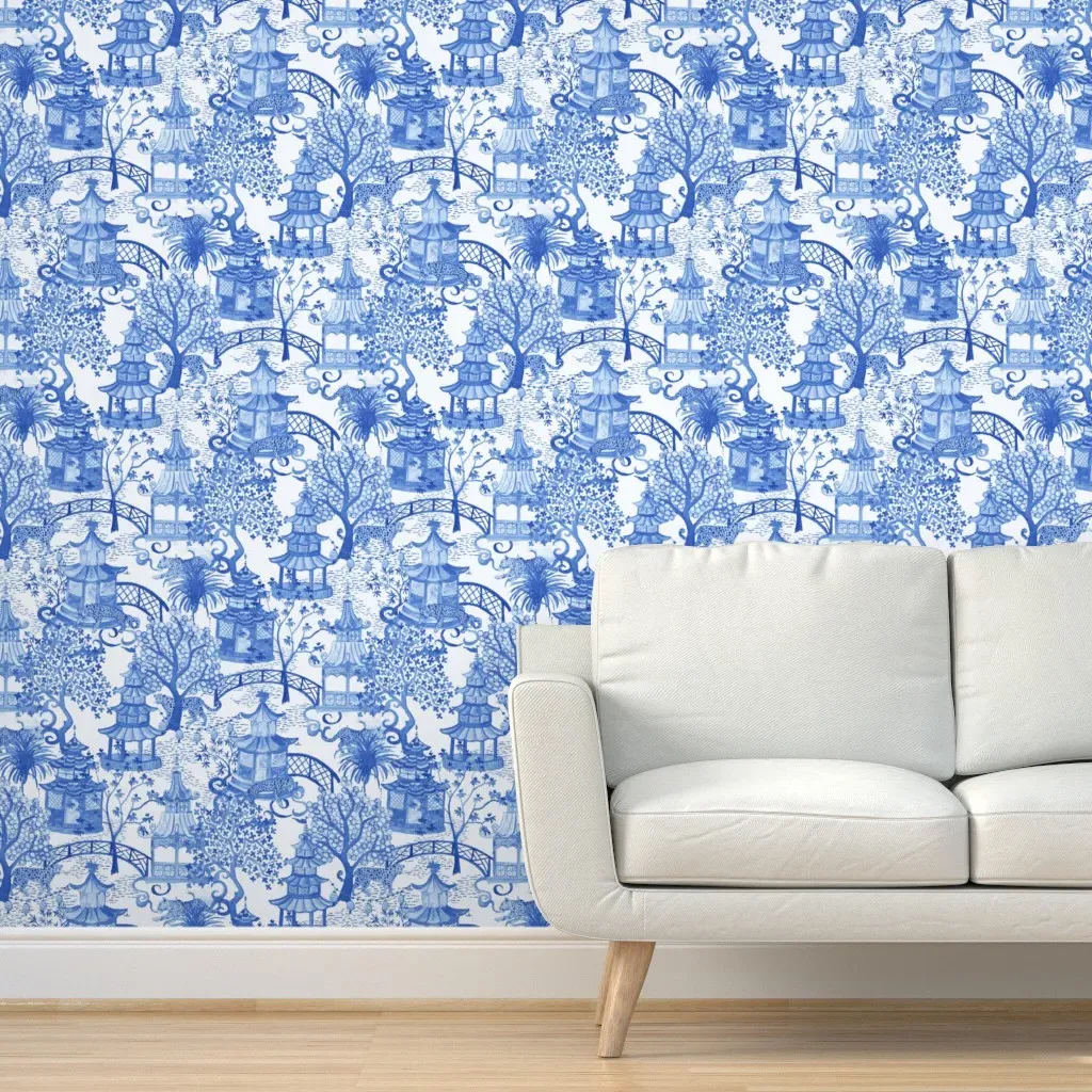 Leopard Pagoda Scenic Peel and Stick Wallpaper - Blue, White product