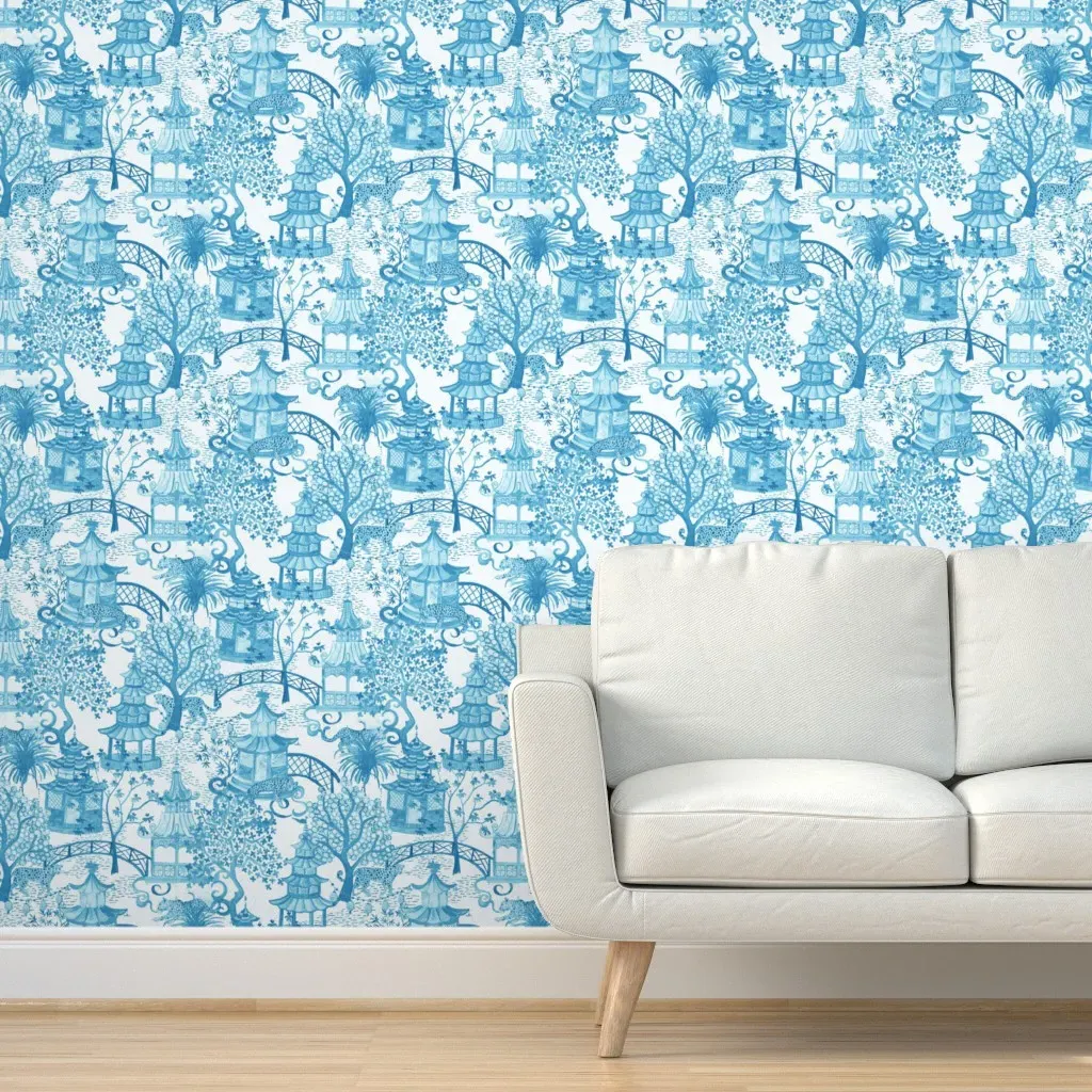 Leopard Pagoda Scenic Toile Peel and Stick Wallpaper - Blue, White product