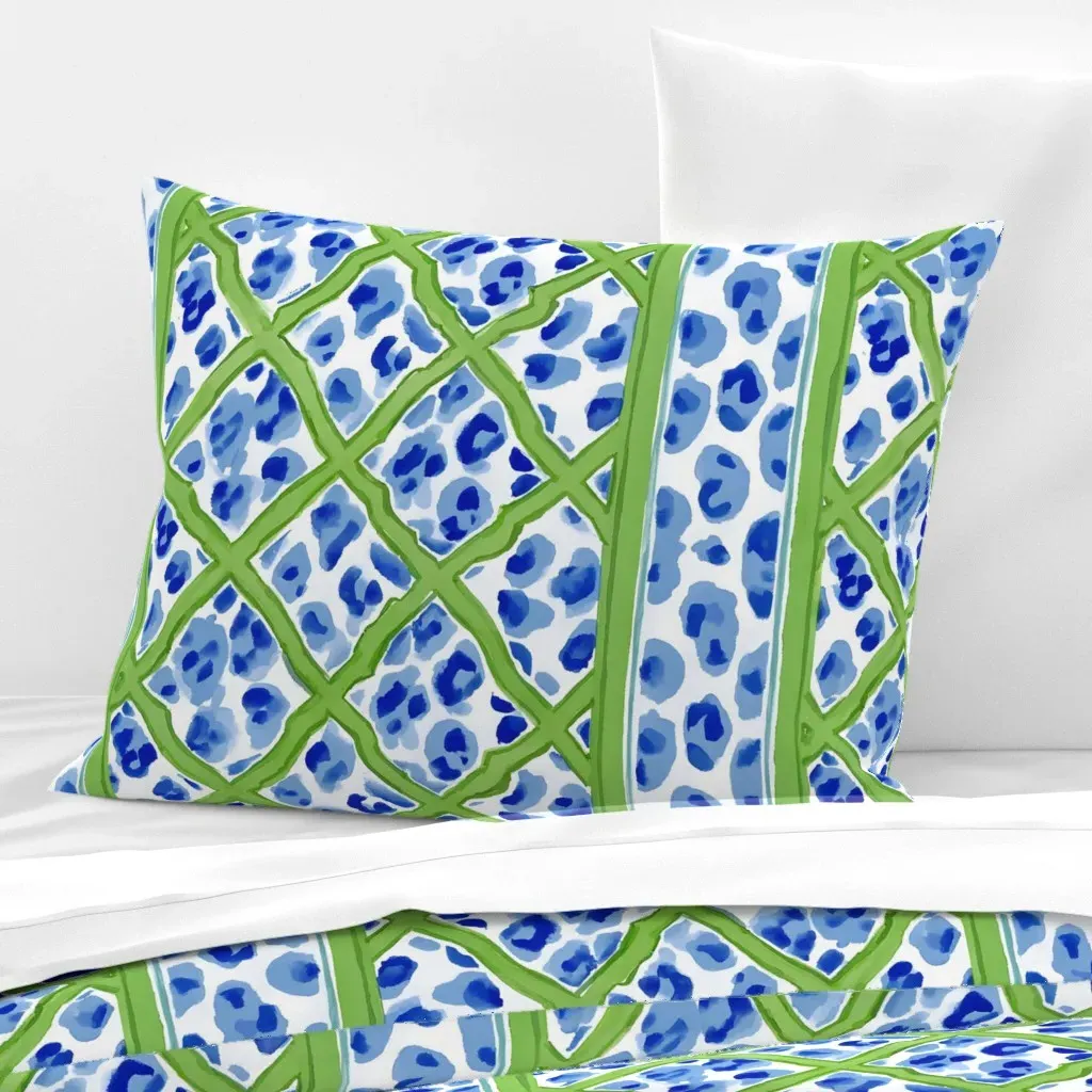 Leopard Print Chinoiserie Lattice Standard Pillow - Blue, Cotton Sateen product