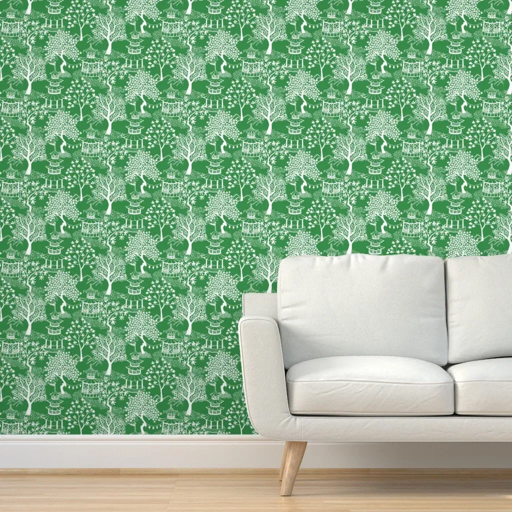 Leopard Spot Green Pagoda Landscape Peel and Stick Wallpaper - White product