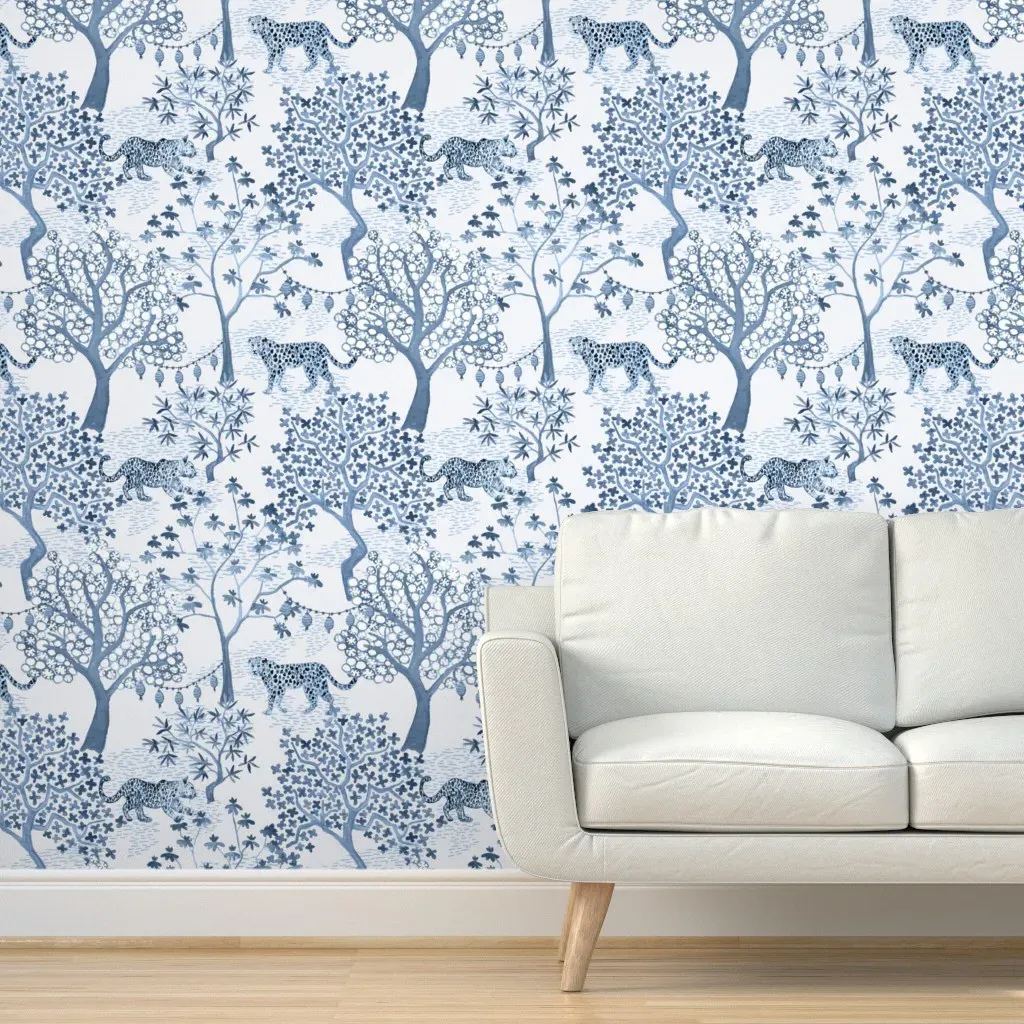 Leopard Toile with Lanterns Peel and Stick Wallpaper - Cornflower Blue product