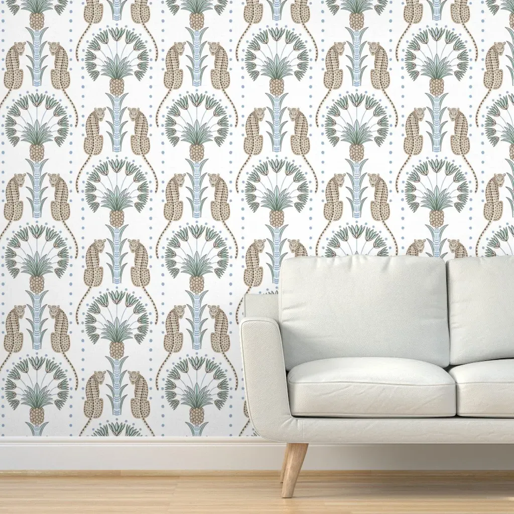 Leopards And Palm Peel and Stick Wallpaper - Blue Green Beige product