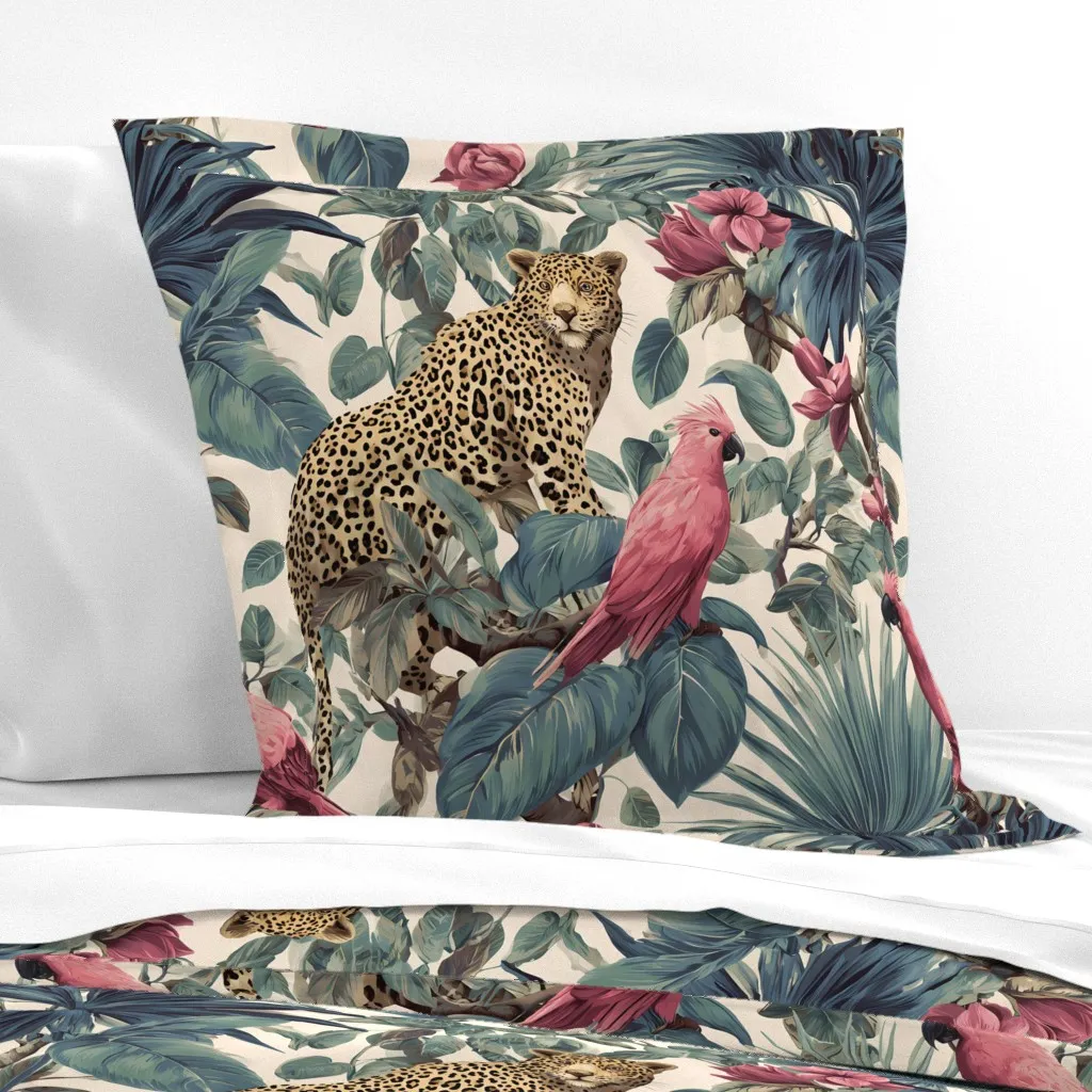 Leopards And Tropical Birds Euro Pillow Sham - Pink product
