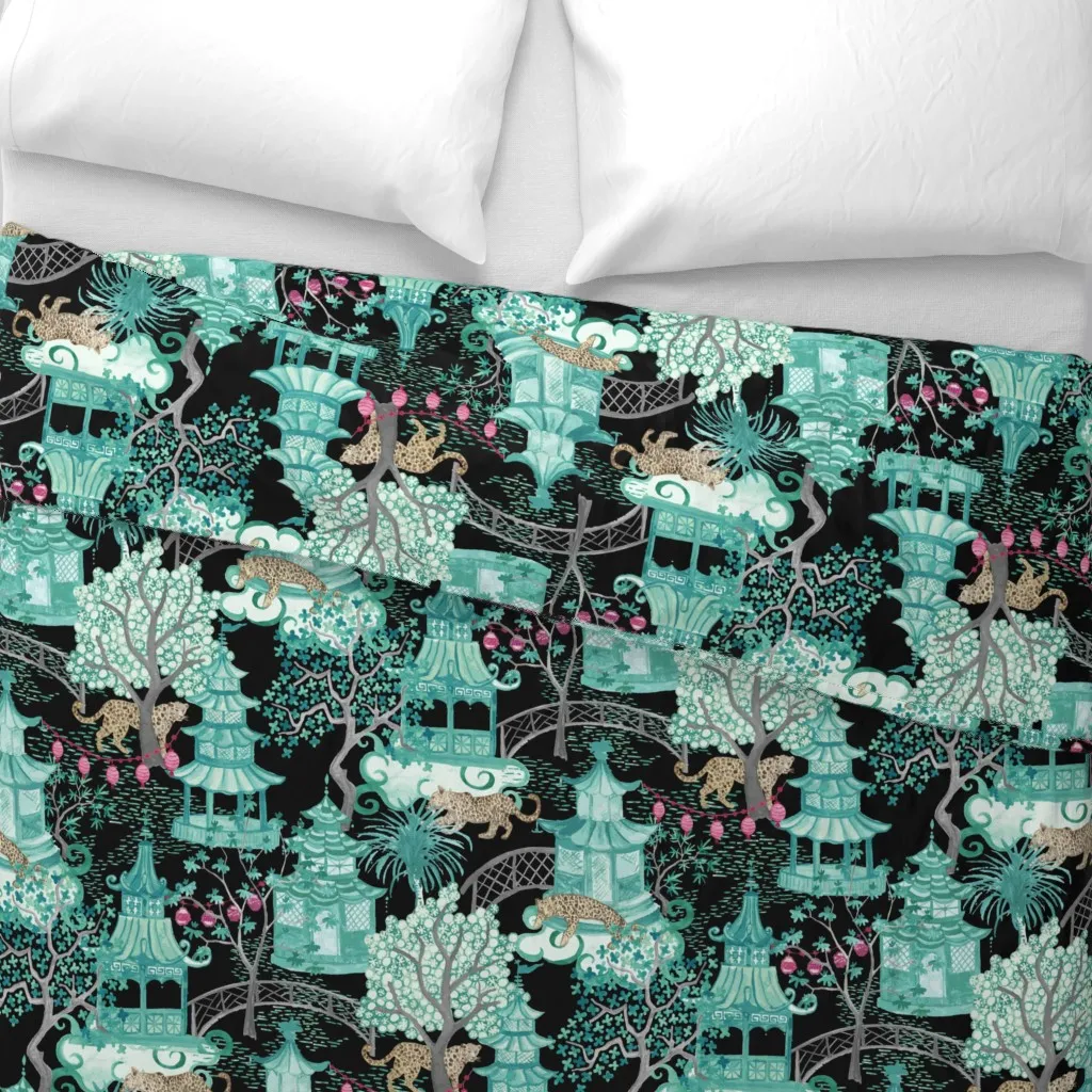 Leopards In Pagoda Duvet Cover - Teal alternate view