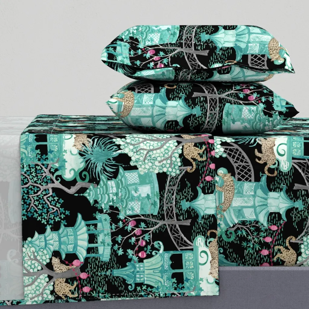 Leopards In Pagoda Forest Queen Sheet Set - Teal product