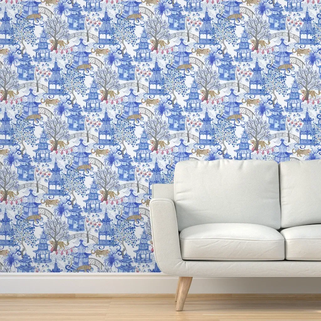 Leopards In The Pagoda Forest Peel and Stick Wallpaper - Blue product