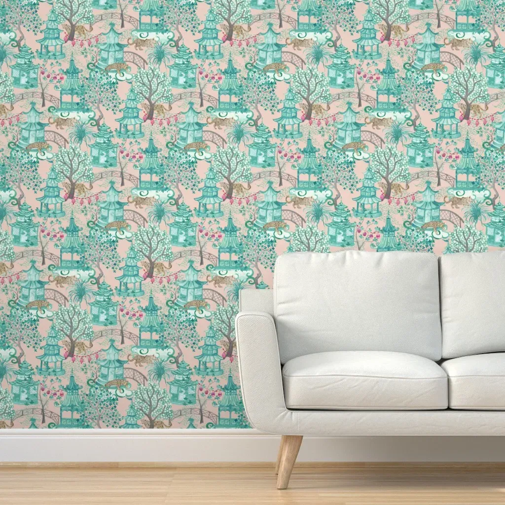 Leopards In The Pagoda Forest Peel and Stick Wallpaper - Green, Pink product