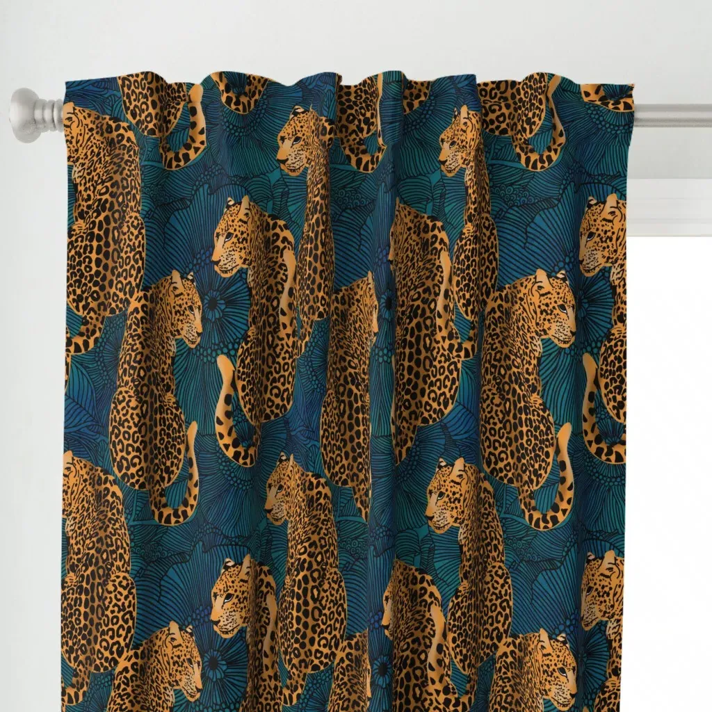 Leopards On Blue Large Curtain Panel - Orange alternate view