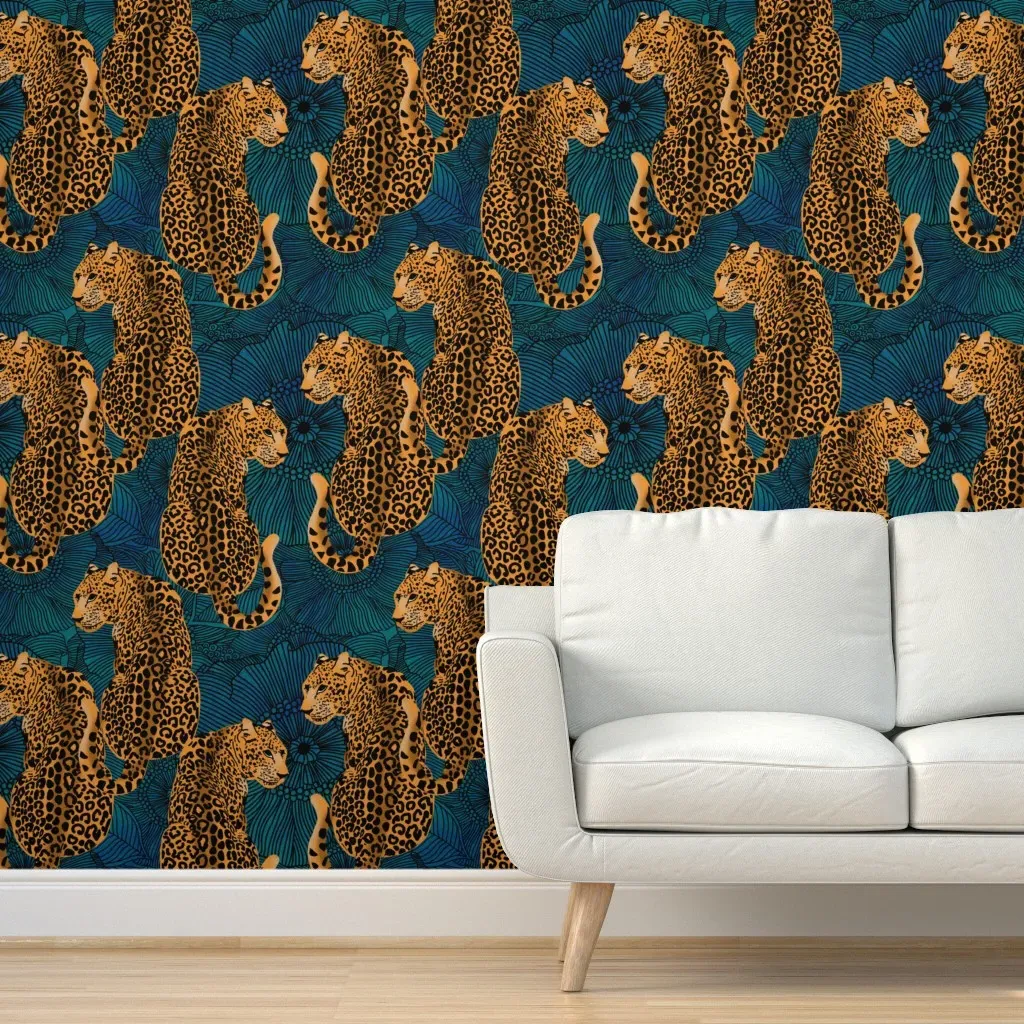 Leopards on Blue Peel and Stick Wallpaper - Orange product