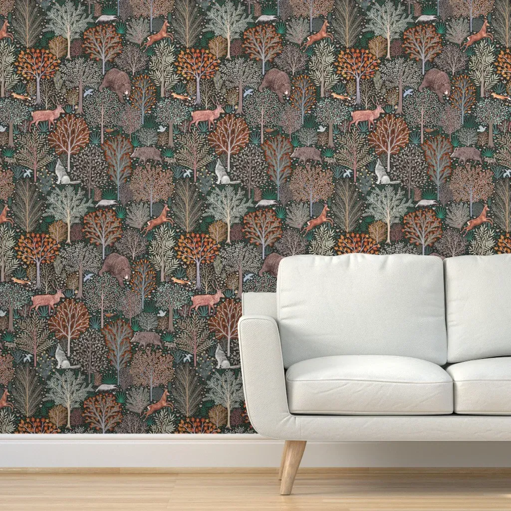 Les Animaux De La Fôret Small Peel and Stick Wallpaper - Dark Teal product