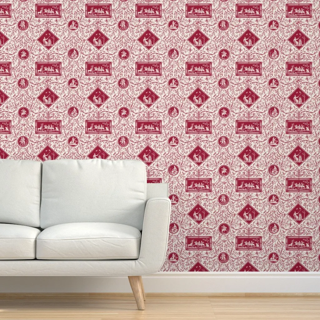 Les Oiseaux Toile Peel and Stick Wallpaper - Burgundy product