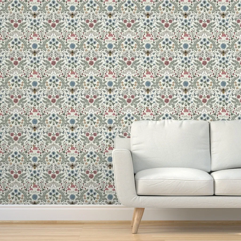 Life Under The Tree Mushroom Bee Moth Strawberry Fern Peel and Stick Wallpaper - Beige product