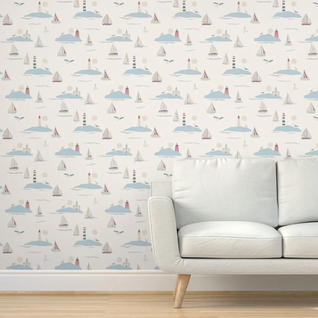 Lighthouse Toile Nautical Sailboat Peel and Stick Wallpaper - Soft Red product
