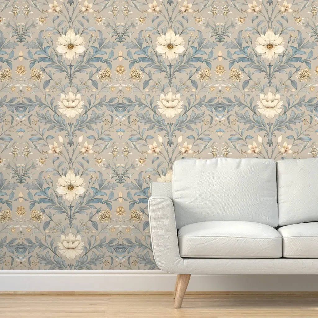 Lilies & Snowdrops Damask Peel and Stick Wallpaper - Blue, Cream product