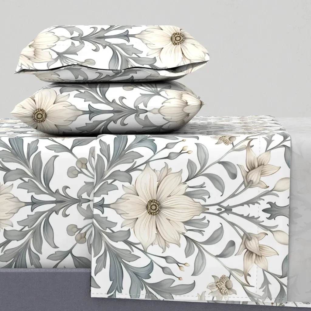 Lilies & Snowdrops Damask William Morris Queen Sheet Set - Beige product