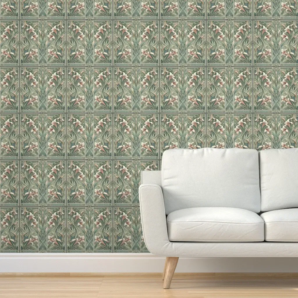 Lillies Dream Art Nouveau Peel and Stick Wallpaper - Sage Green product