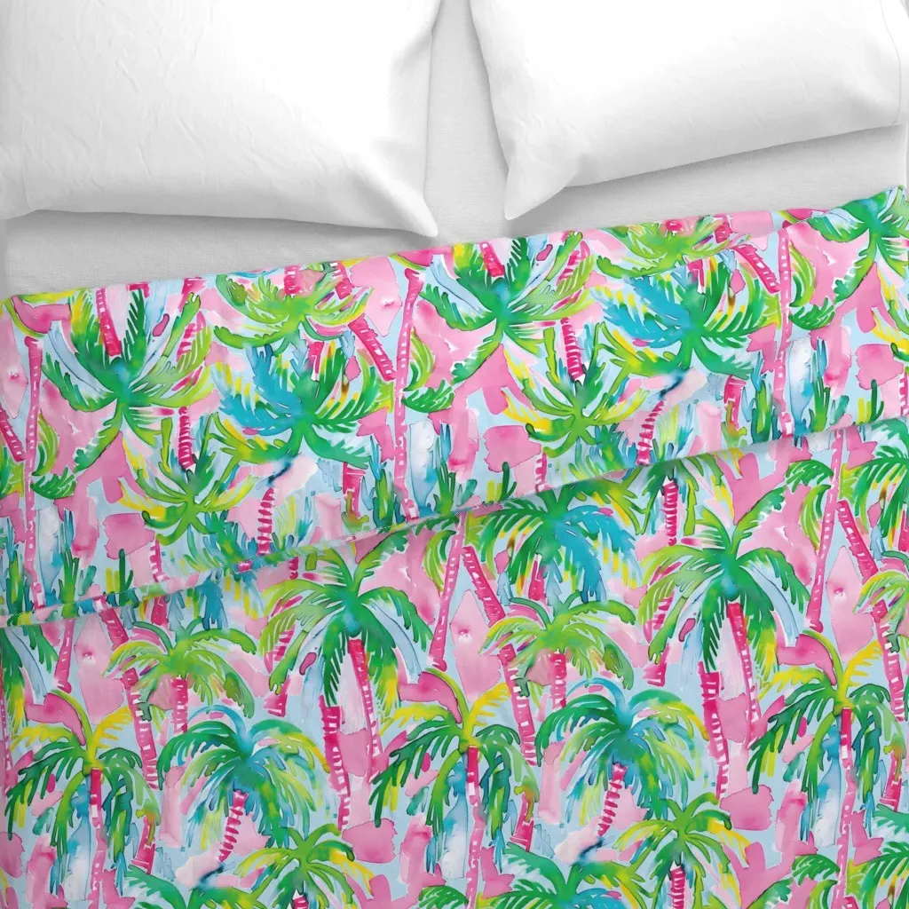 Lilly's Pink Palms on Blue Duvet Cover - Pink alternate view