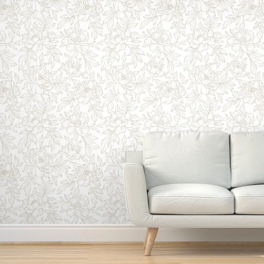 Line Art Peony Floral Peel and Stick Wallpaper - Beige product