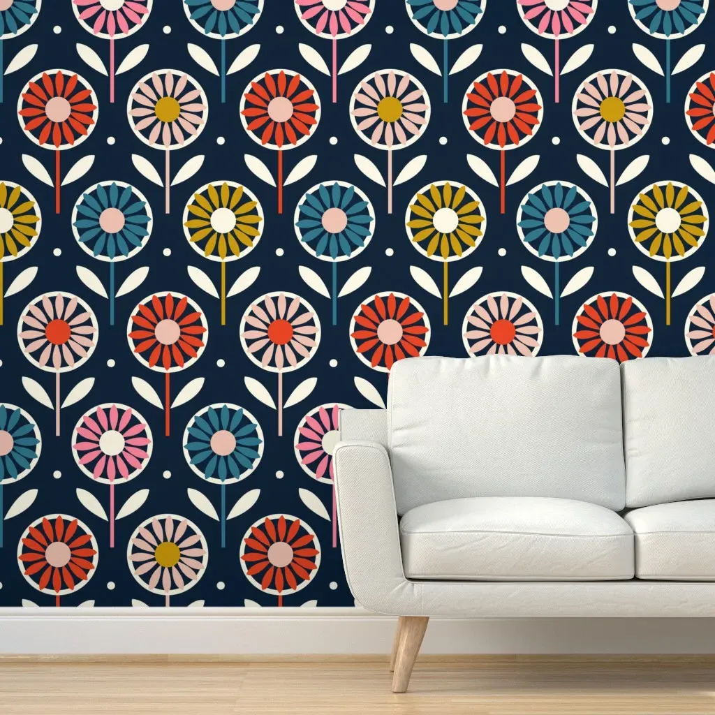 Line Them Up Bright Daisy Sunflower Peel and Stick Wallpaper - Navy product