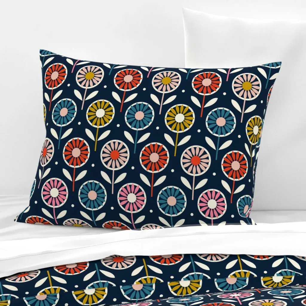Line Them Up Bright Daisy Sunflower Standard Pillow - Navy, Cotton Sateen product