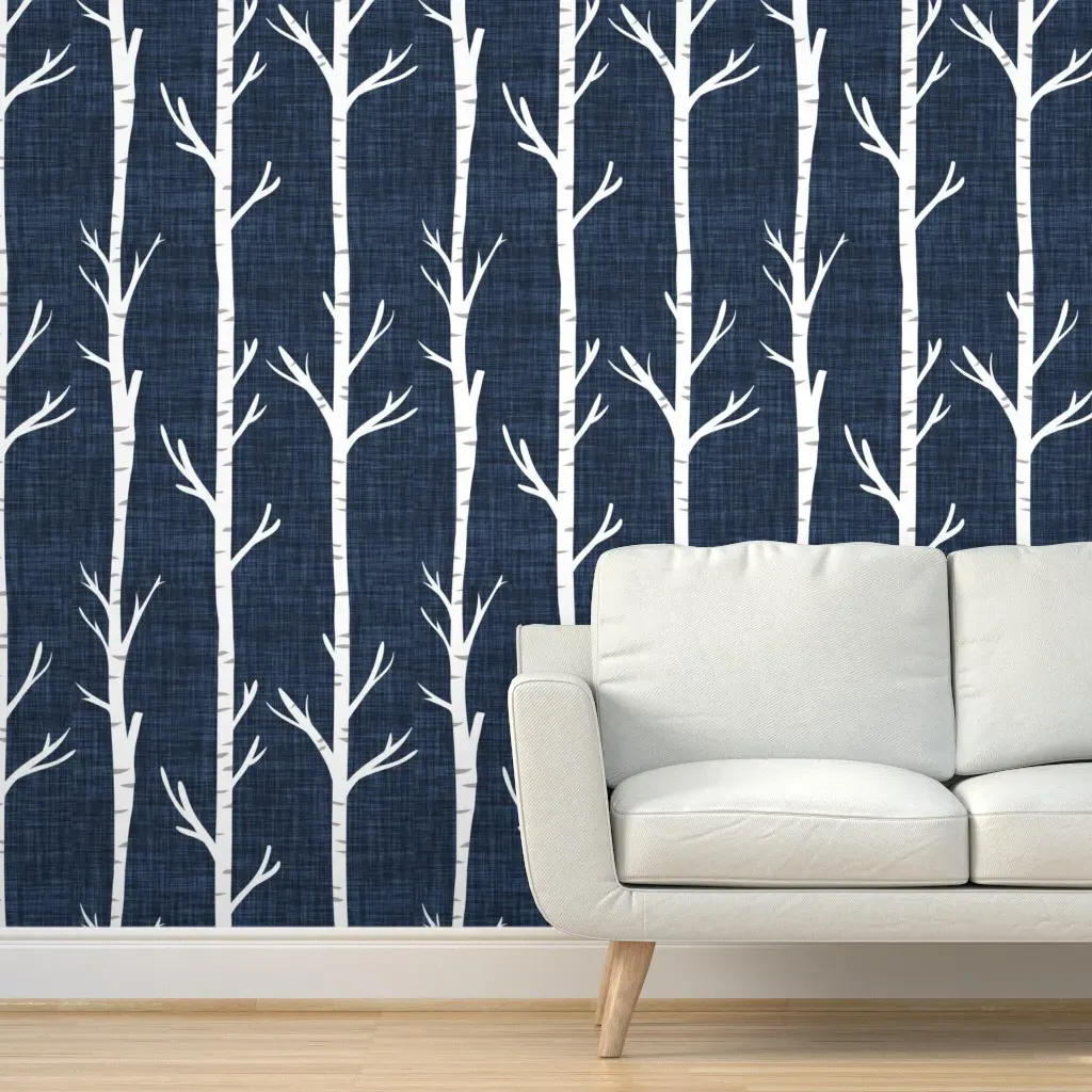 Linen Birch Trees Peel and Stick Wallpaper - Navy product