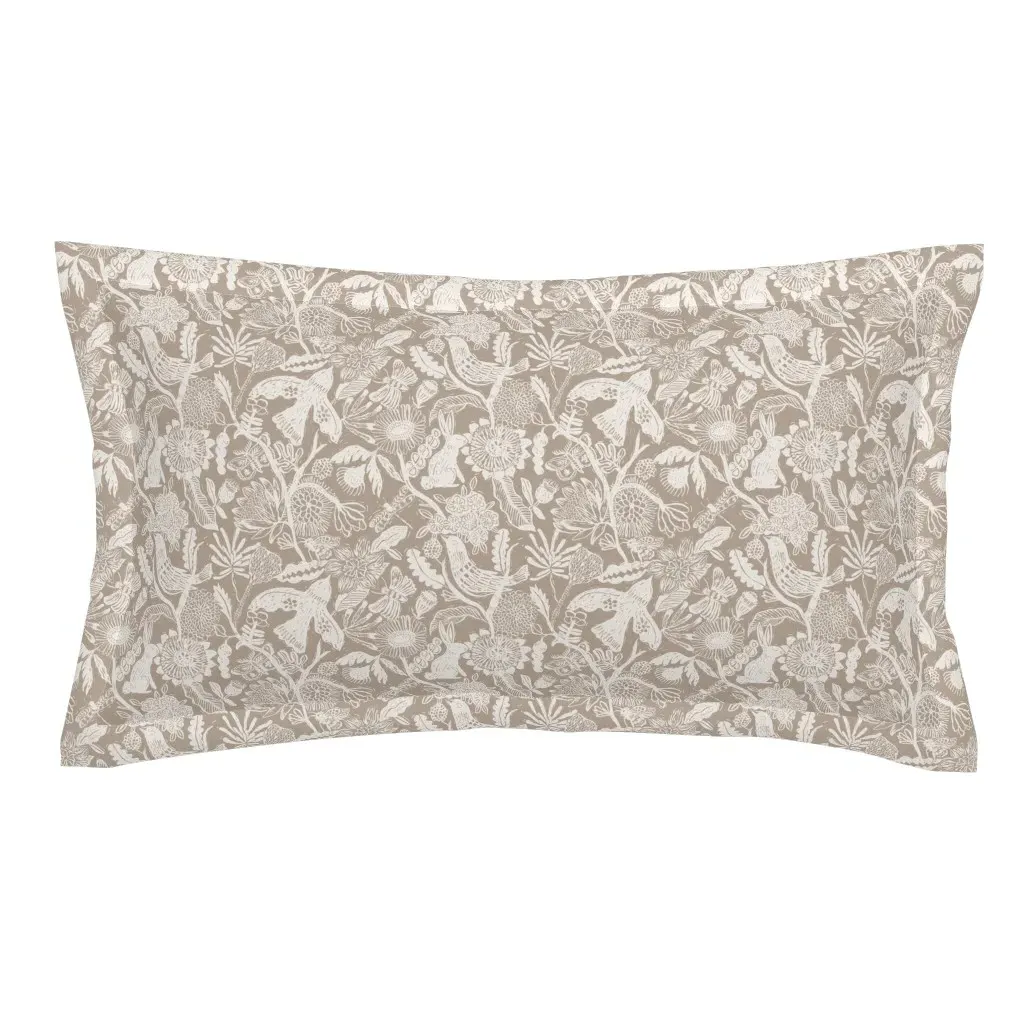 Linocut Block Print Floral And Animals King Pillow Sham - Off-White product