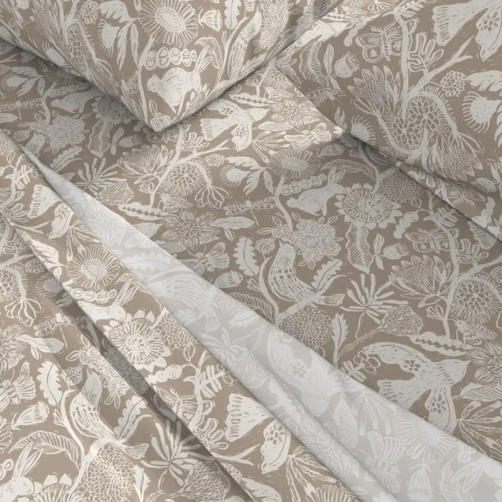 Linocut Block Print Floral and Animals King Sheet Set - Off-White alternate view