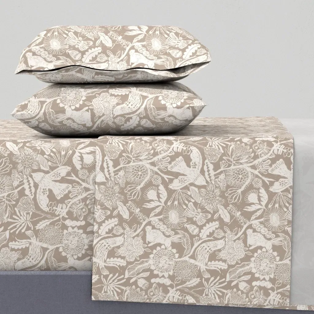 Linocut Block Print Floral and Animals King Sheet Set - Off-White product