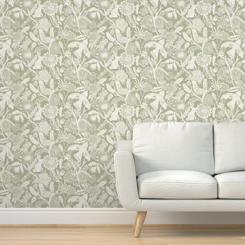 Linocut Block Print Floral & Animals Peel and Stick Wallpaper - Sage Green product